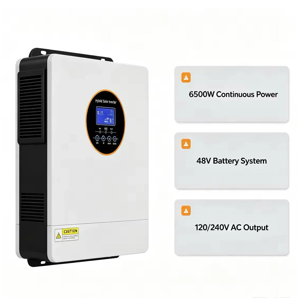 6500W hybrid solar inverter with 48V battery system and 120/240V AC output