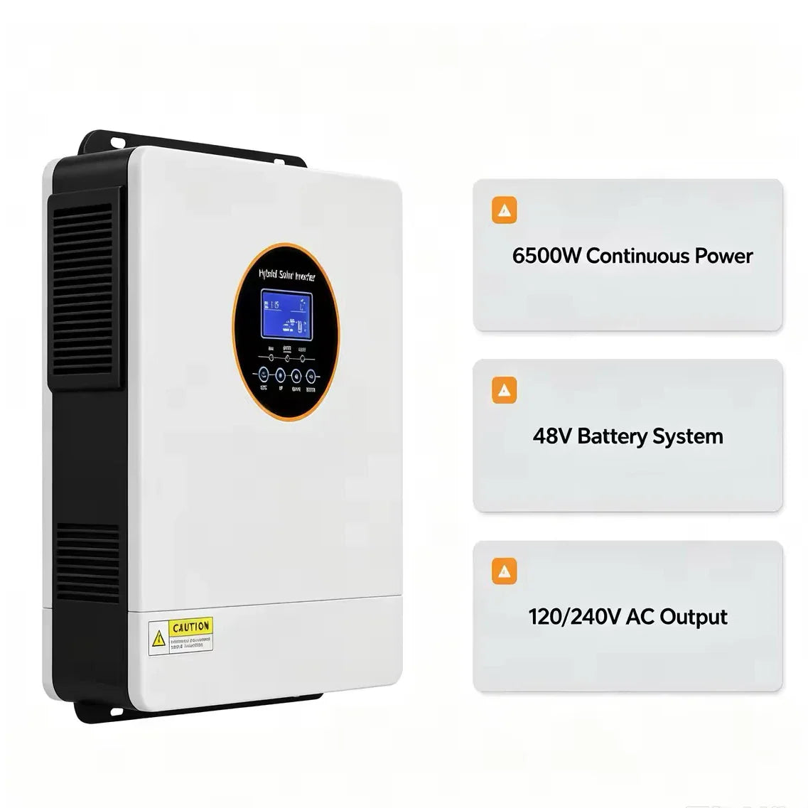 6500W hybrid solar inverter with 48V battery system and 120/240V AC output