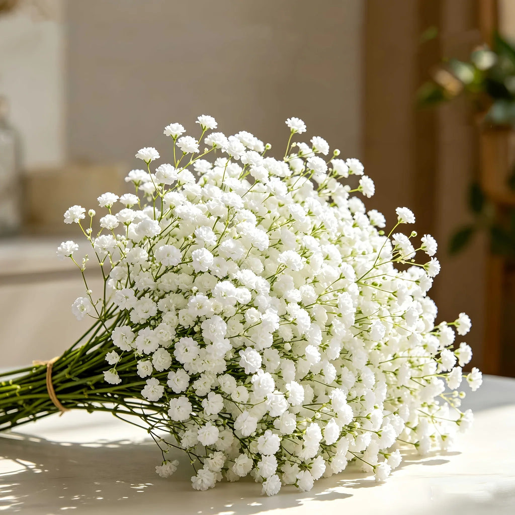 A bouquet of white artificial baby's breath flowers on a light surface.