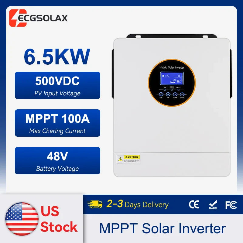 6.5KW hybrid solar inverter with MPPT charger for off-grid power systems.