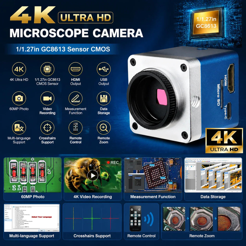 4K ultra HD microscope camera with CMOS sensor showing features and software tools.
