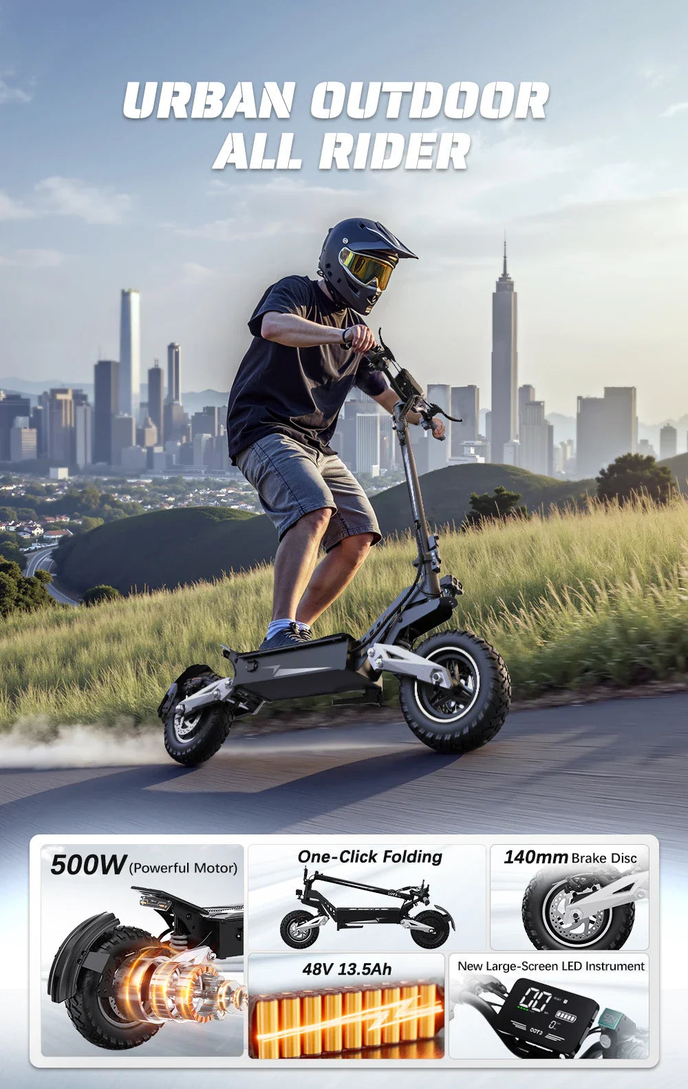 Man wearing a helmet riding a black electric scooter in an urban setting