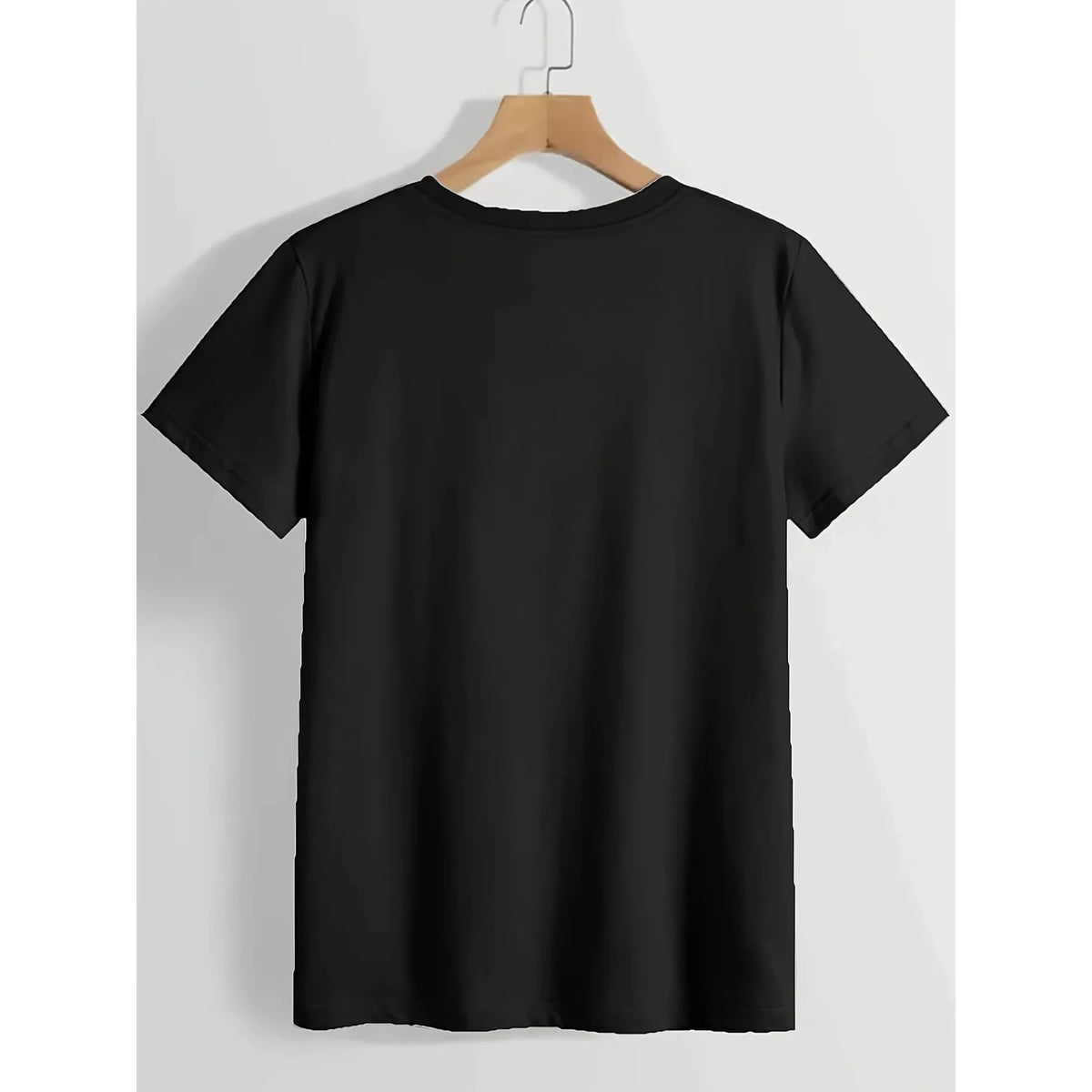 Back view of a plain black short-sleeved t-shirt on a hanger
