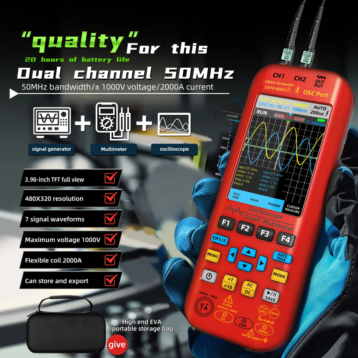 Handheld digital oscilloscope and multimeter in a hand with product features highlighted