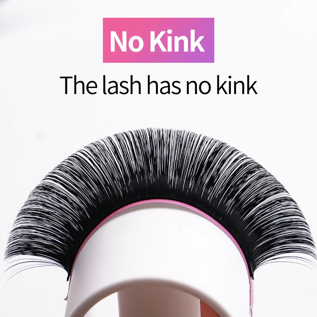 Curved strip of black eyelash extensions demonstrating no kinks in the fibers