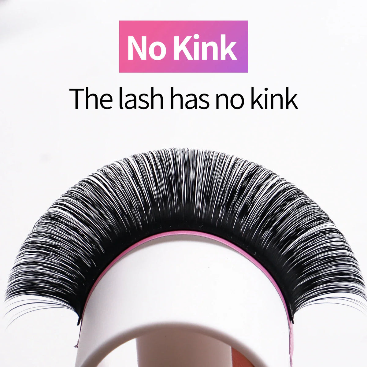 Curved strip of black eyelash extensions demonstrating no kinks in the fibers