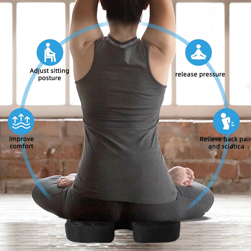 Person sitting on a U-shaped orthopedic cushion with overlay icons demonstrating health benefits