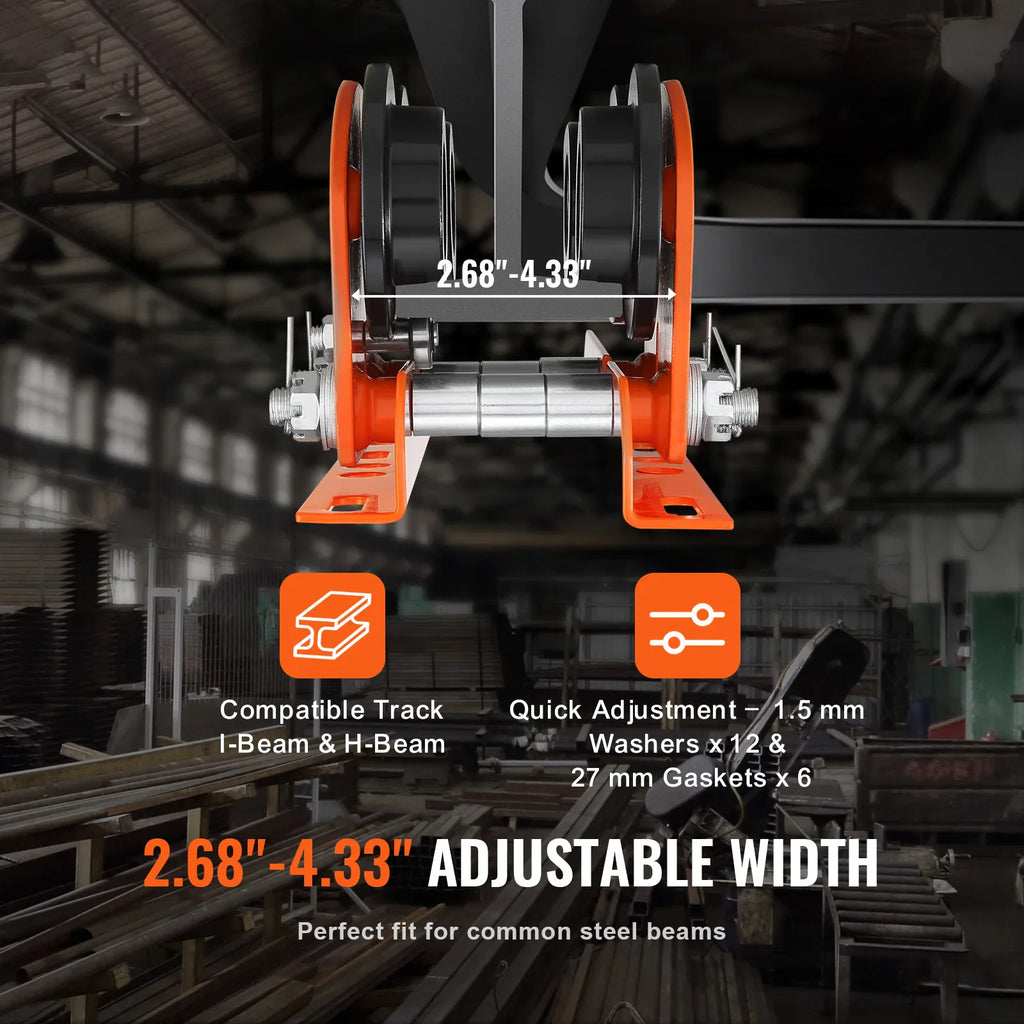 Orange push trolley installed on a steel beam with width adjustment specifications