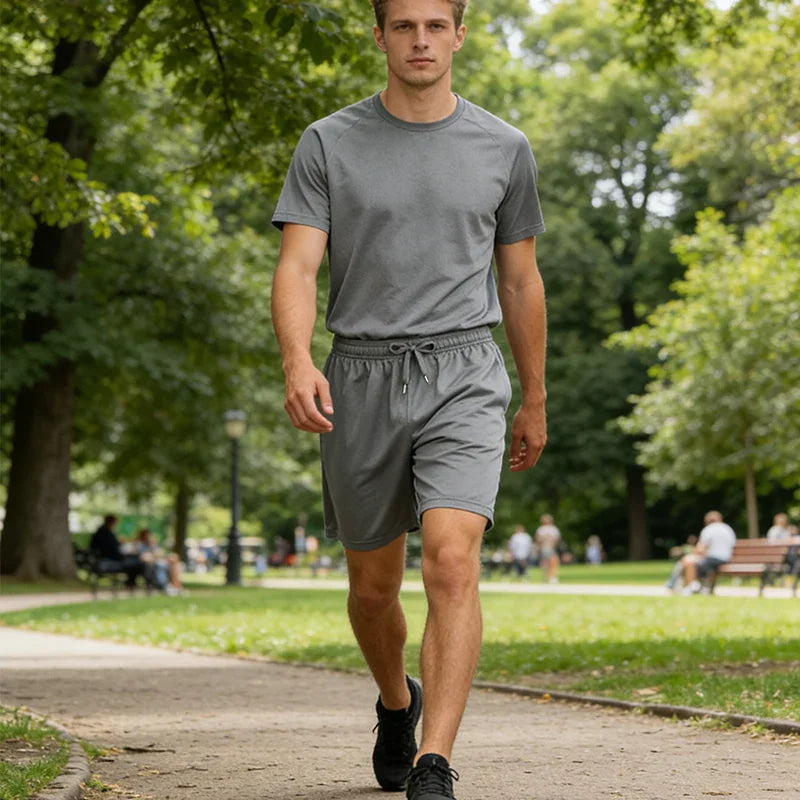 Man walking in a park wearing a dark grey t-shirt and matching drawstring shorts