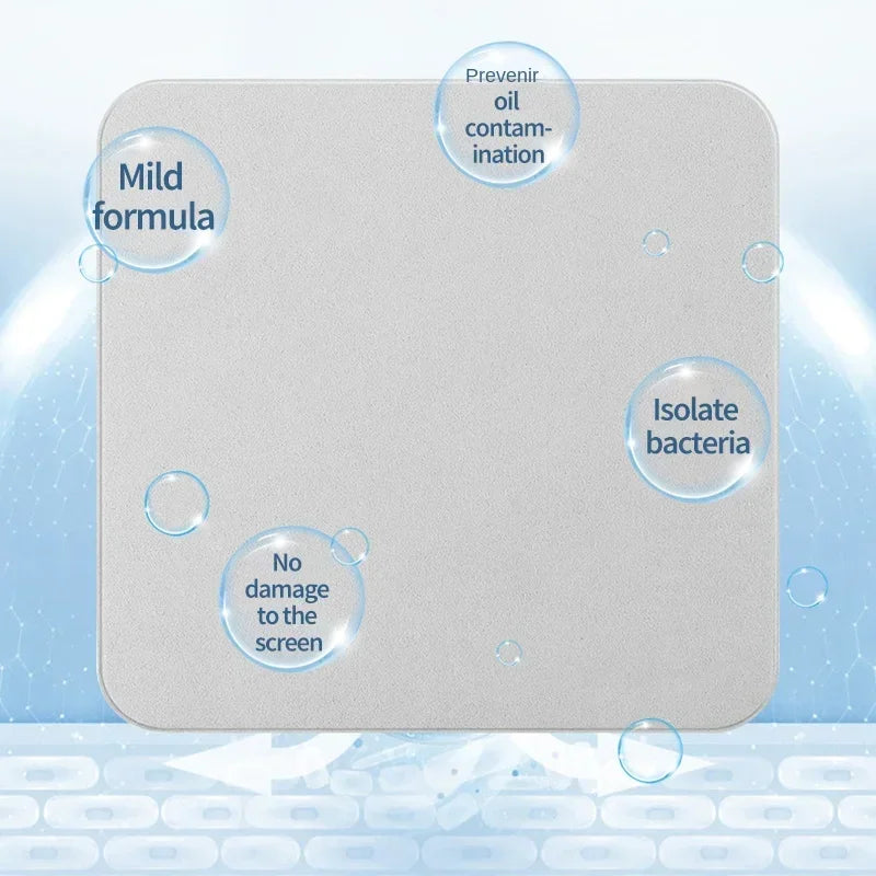 Grey microfiber cleaning cloth with features listed in bubbles