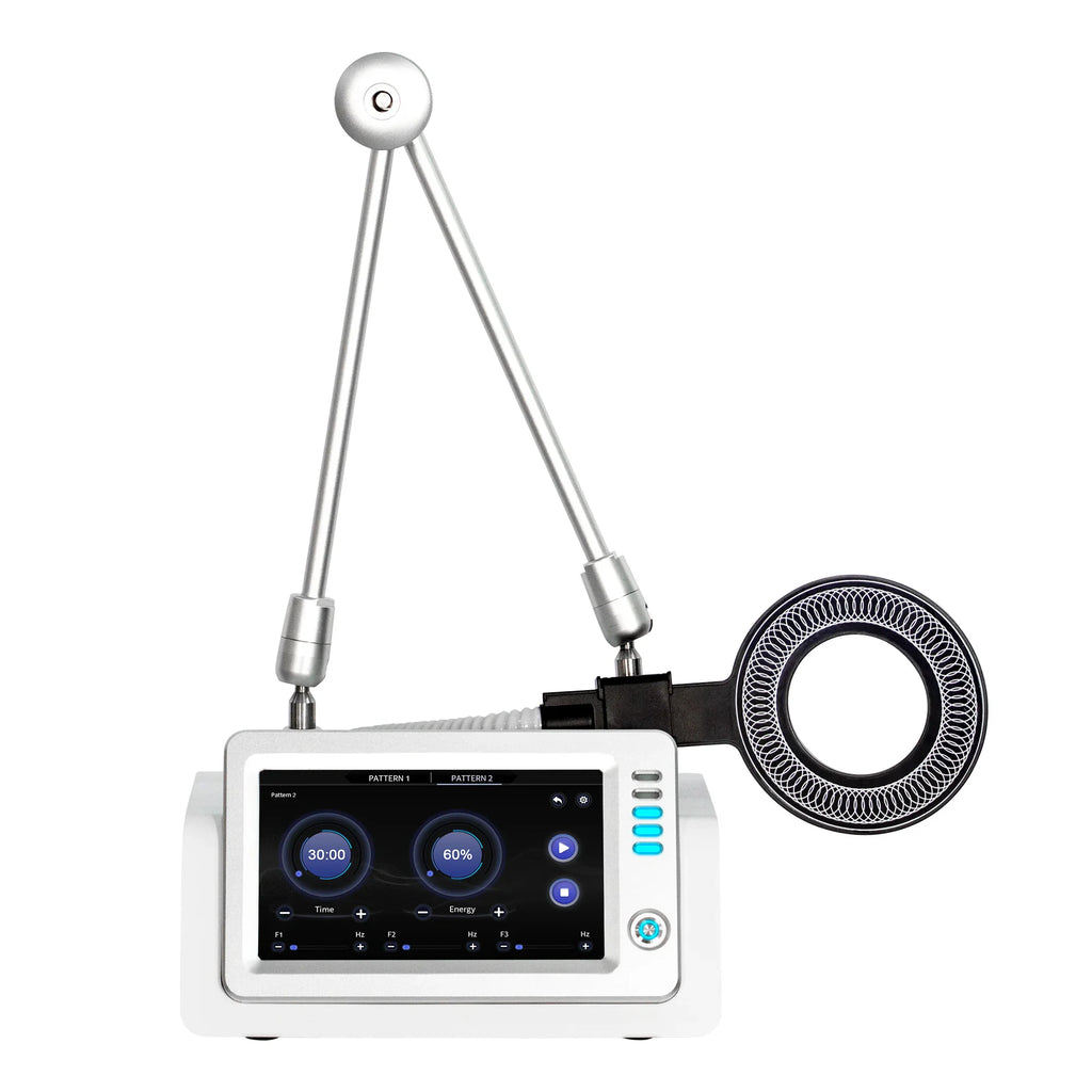 A portable electromagnetic transduction therapy device with an adjustable arm and circular applicator