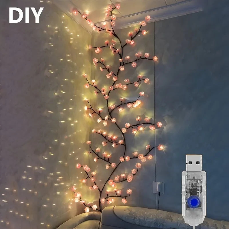 DIY cherry blossom branch LED vine lights with USB plug for wall bedroom decoration