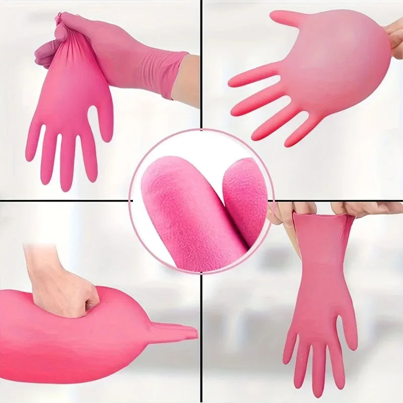 Collage demonstrating the durability, texture and elasticity of rose red nitrile gloves