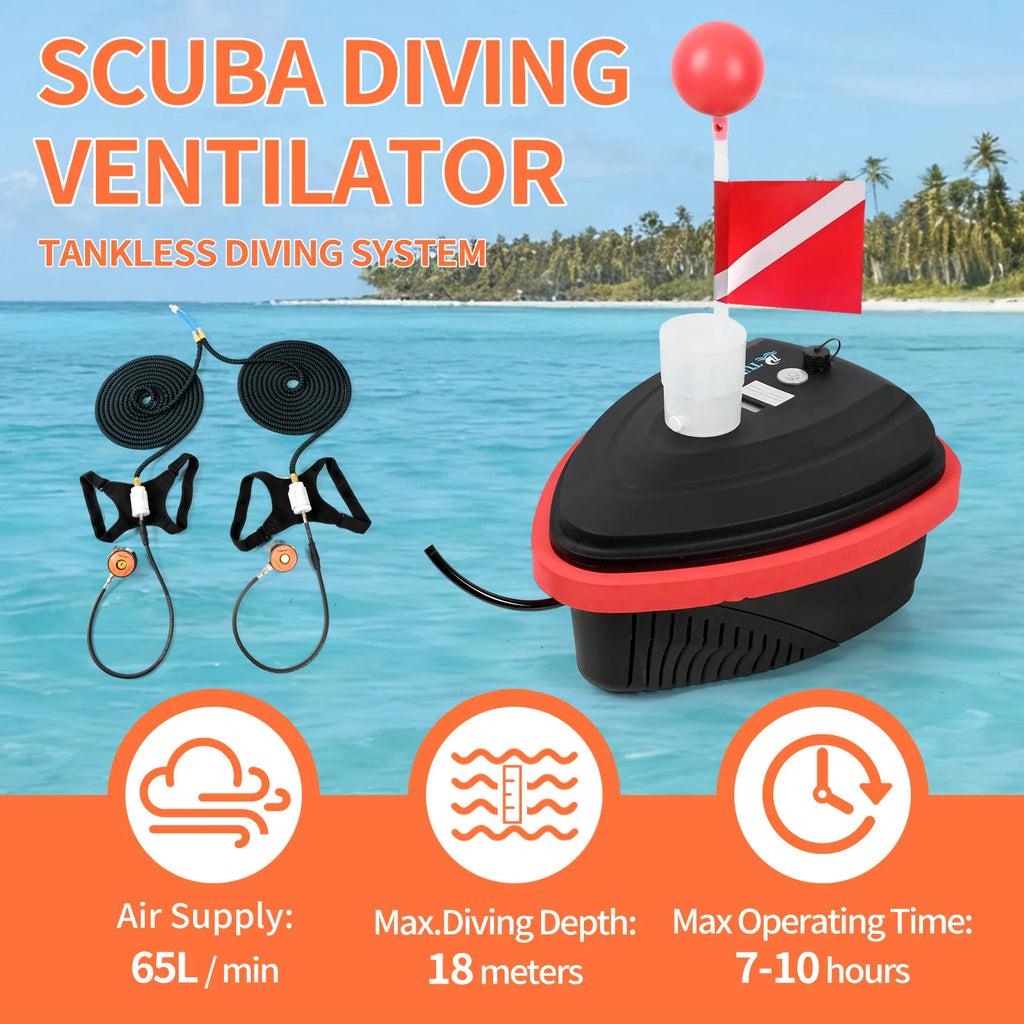 Floating scuba diving ventilator system with air hoses, specifications and diving flag on a tropical beach background.