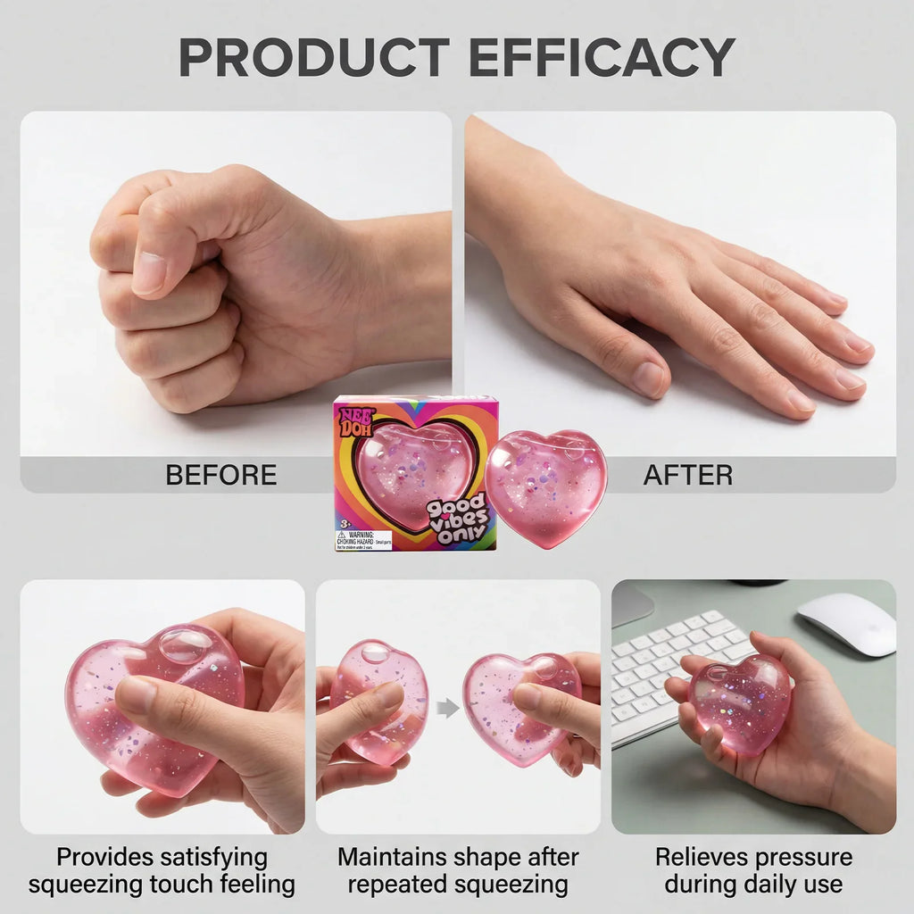 Hands demonstrating the squeezing of a heart shaped stress relief toy