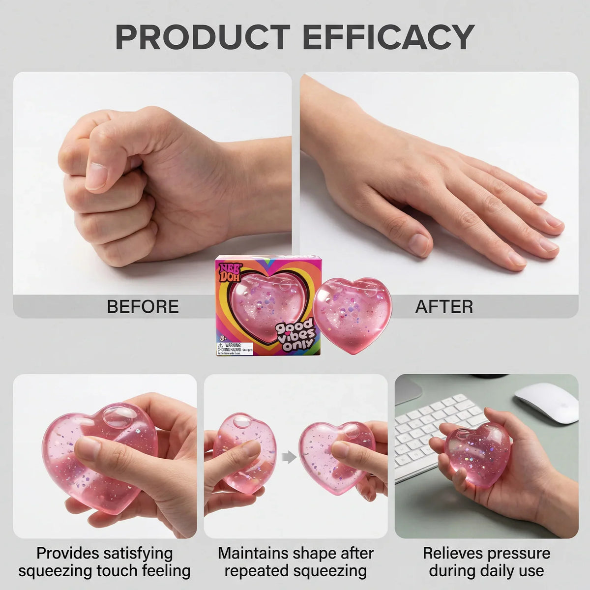 Hands demonstrating the squeezing of a heart shaped stress relief toy