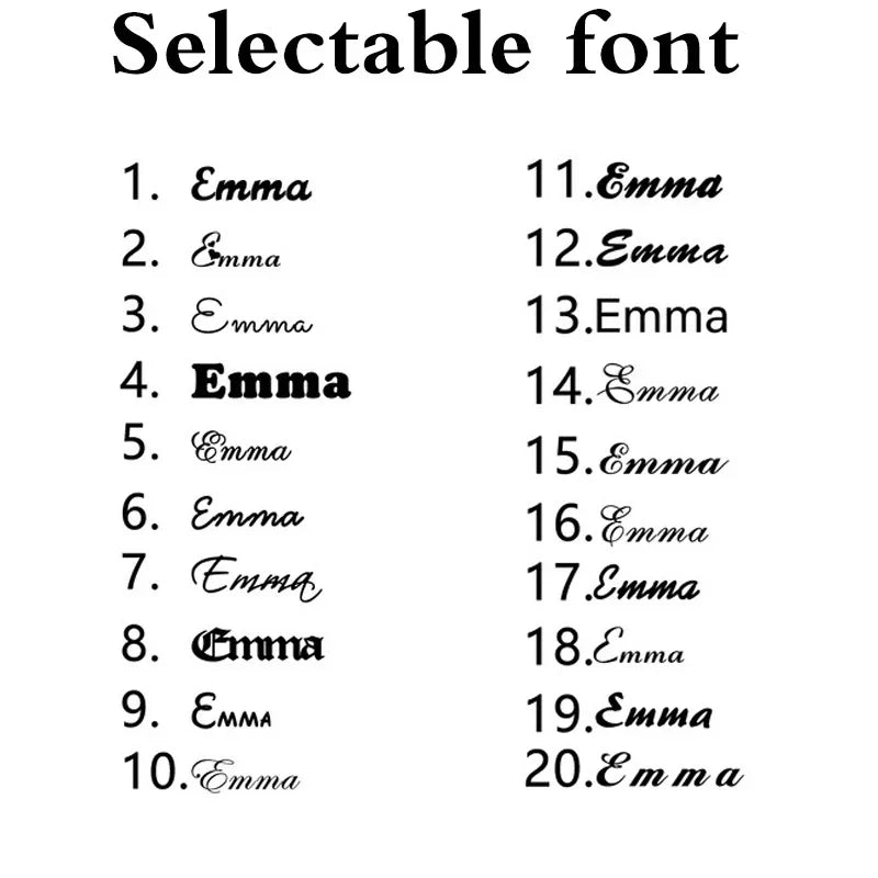 Selectable fonts chart for custom engraving on wallets