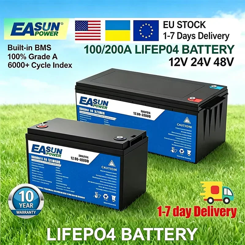 LiFePO4 solar batteries with technical specifications and 10 year warranty badge