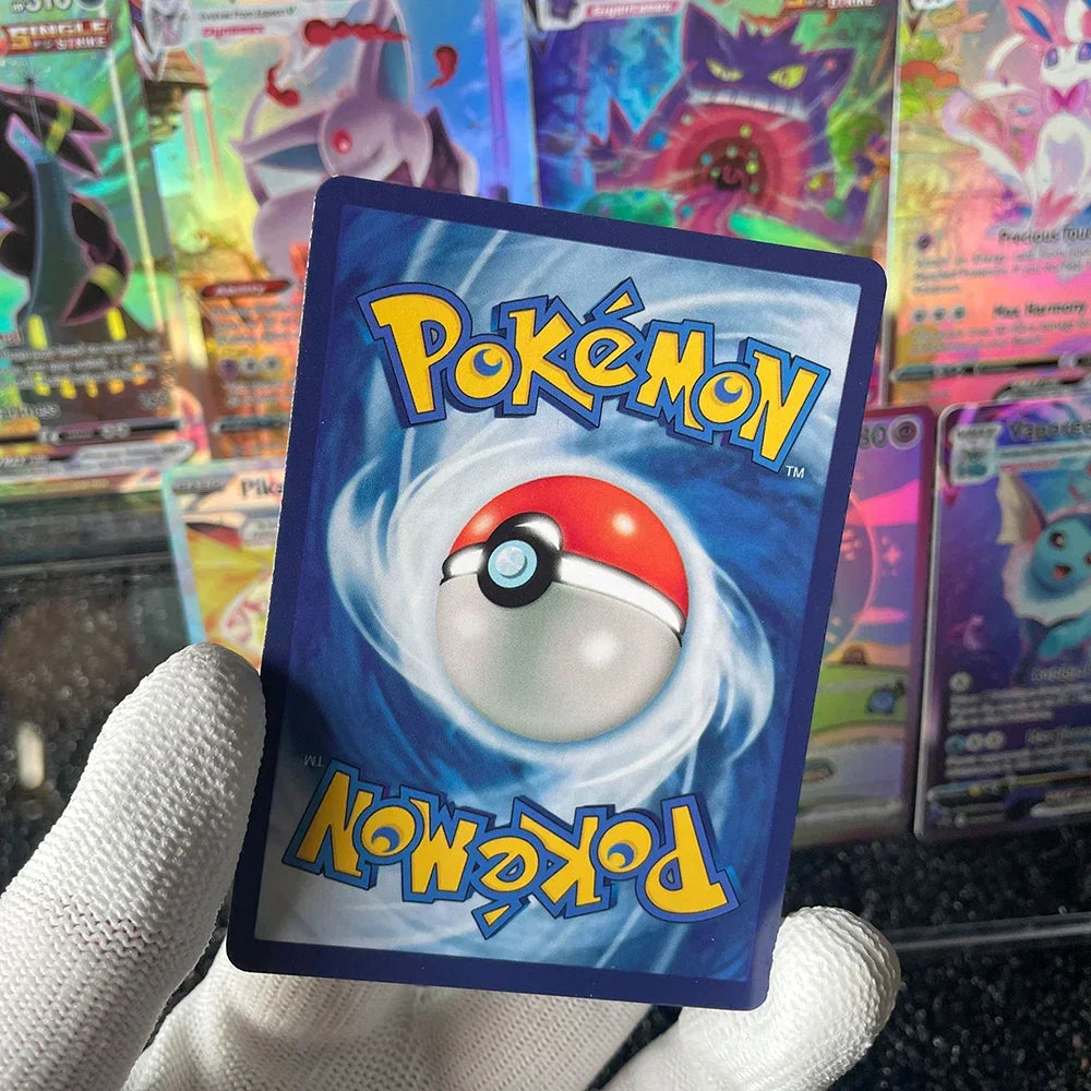 Back side of a trading card held by a hand wearing a white glove