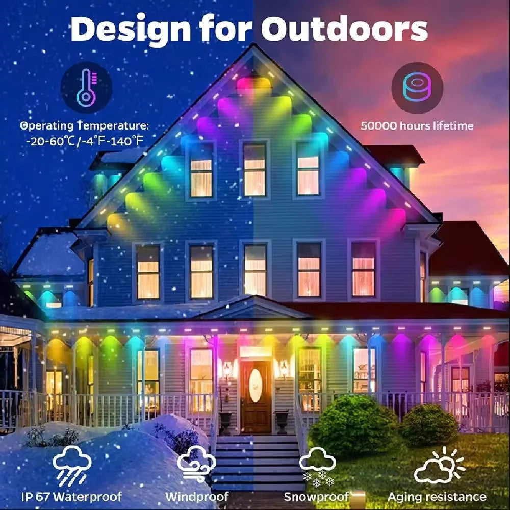 Smart outdoor RGBIC permanent eaves lighting showing weather resistance and technical specifications