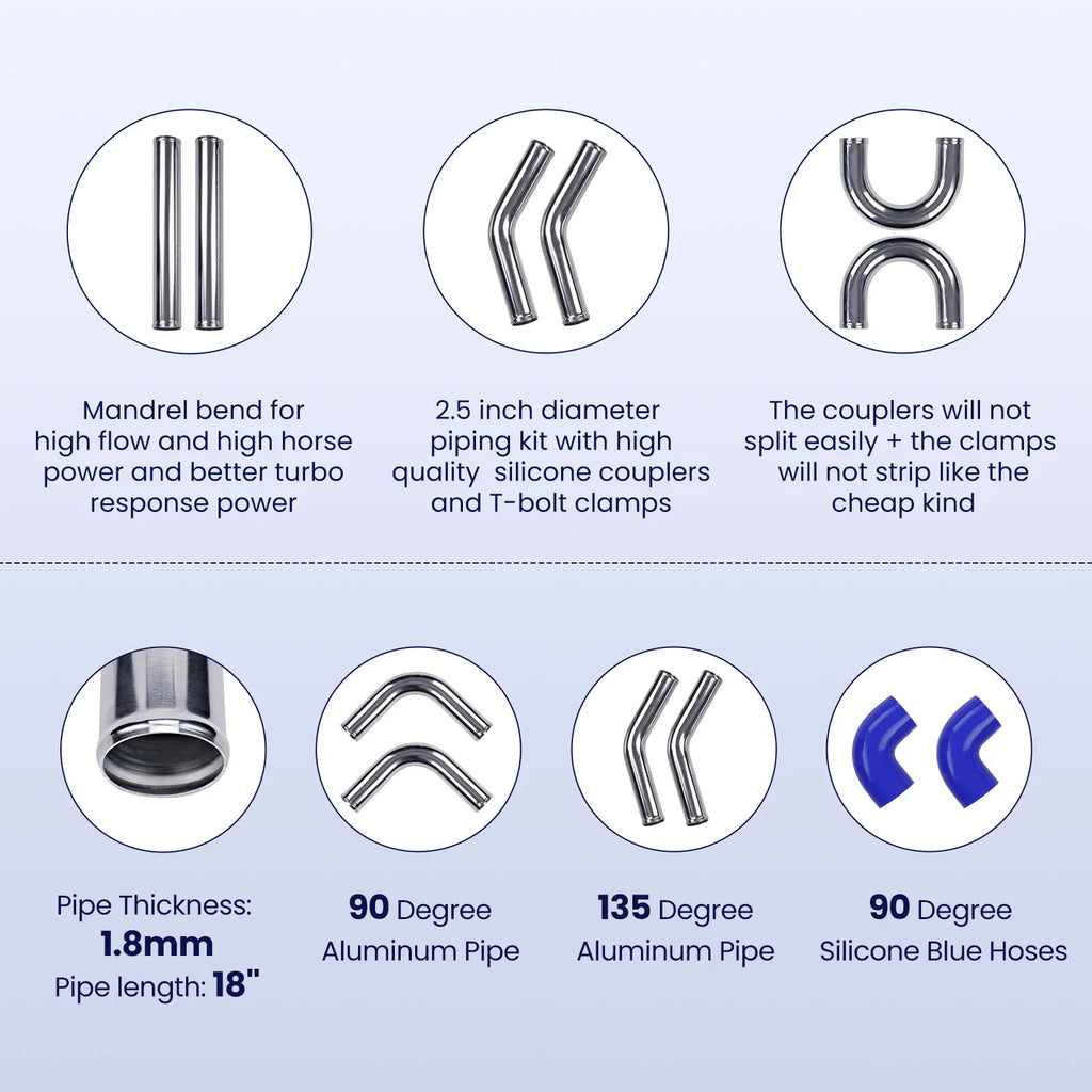 Technical details and specifications for turbo piping kit components including bends and material thickness