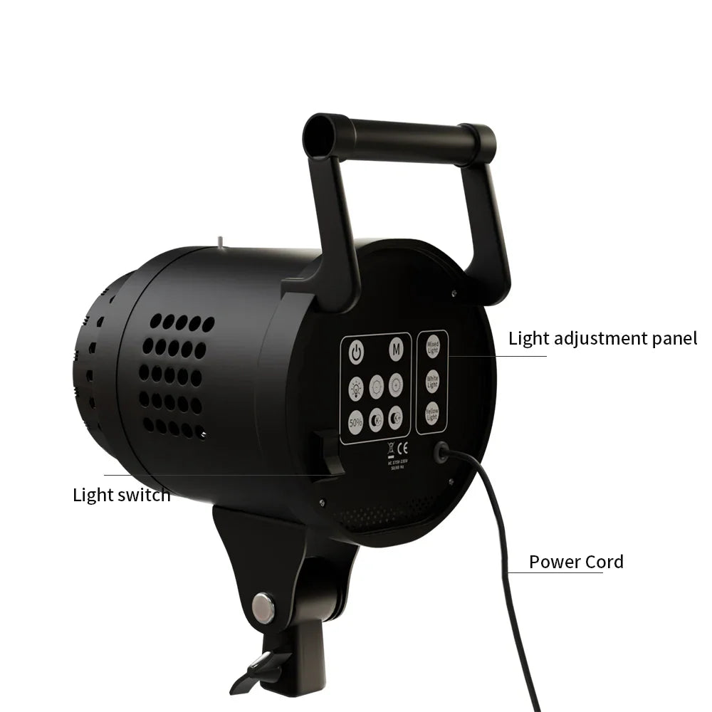 Rear view of a black studio photography LED lamp featuring a control panel, power switch, and power cable