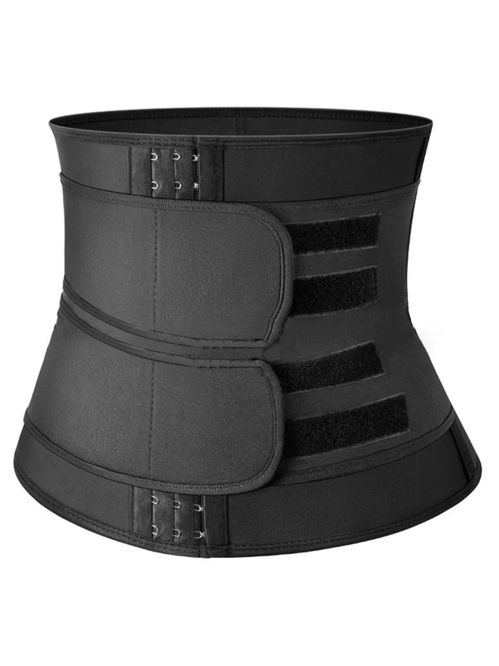 Black waist trainer belt with double adjustable straps and multiple hook-and-eye closures.