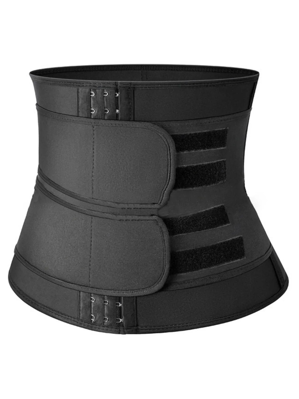 Black waist trainer belt with double adjustable straps and multiple hook-and-eye closures.