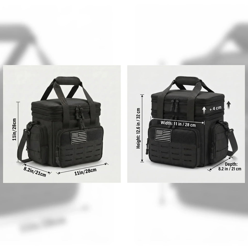 Black 18L tactical cooler bag dimensions shown with diagrams