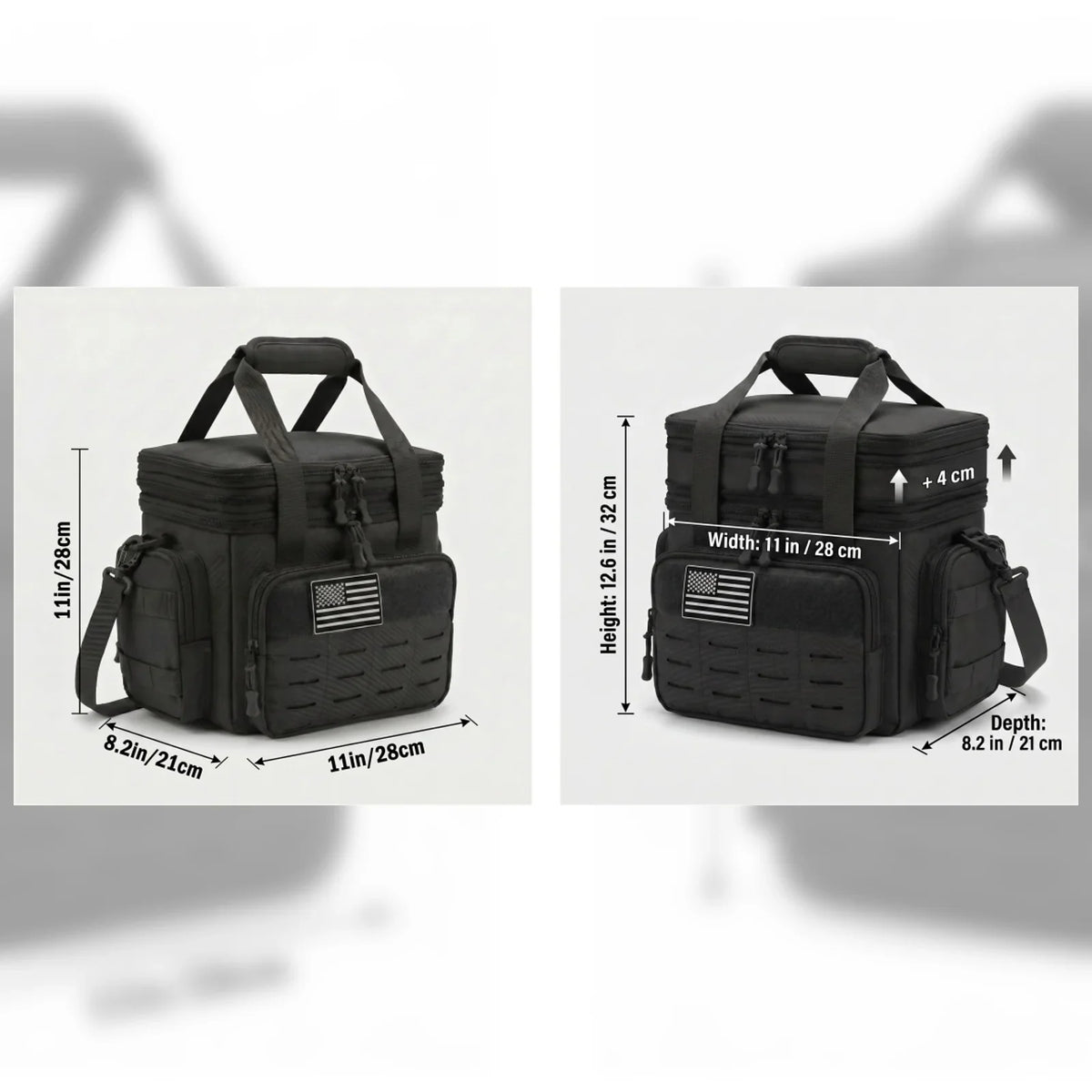 Black 18L tactical cooler bag dimensions shown with diagrams