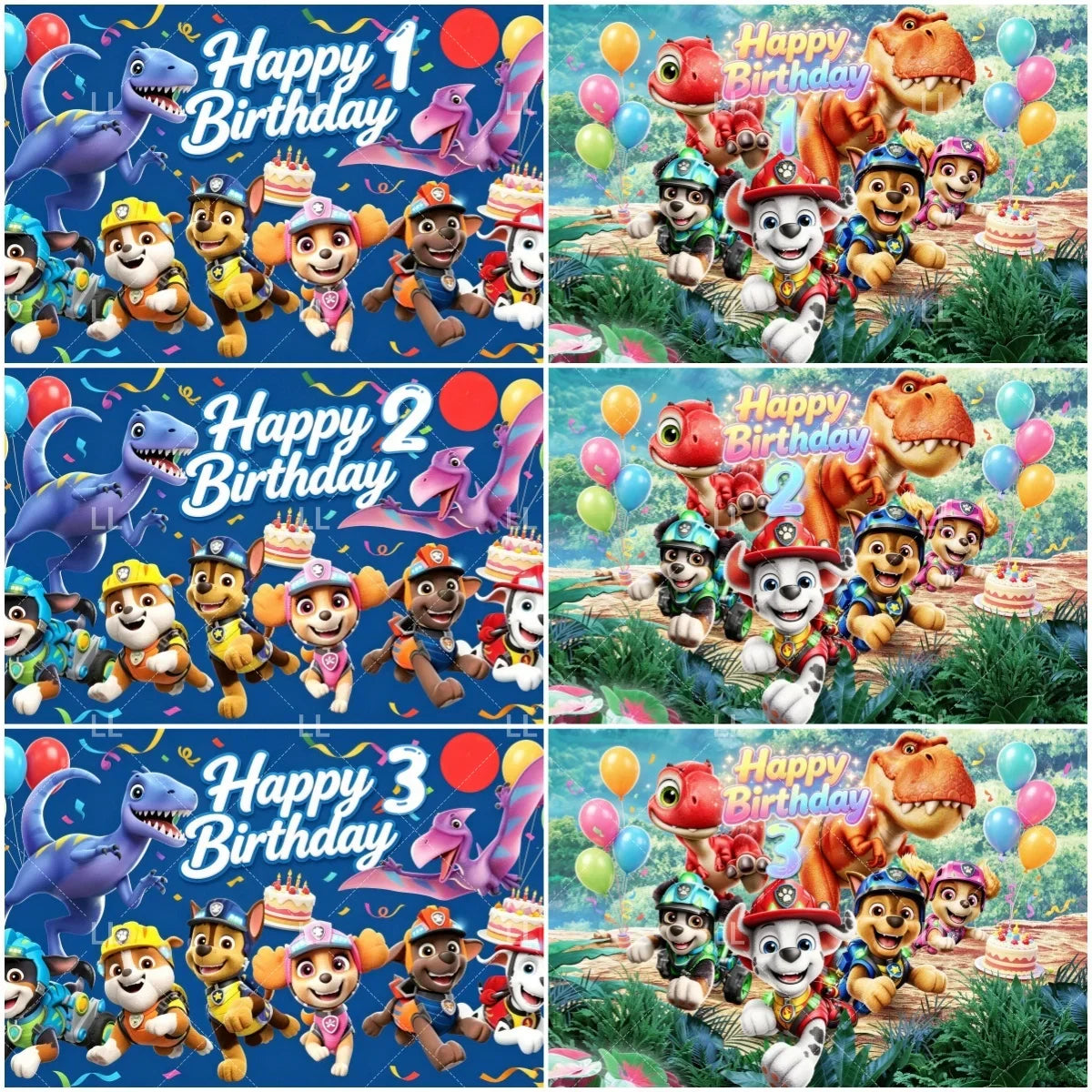 Blue birthday party background with dinosaurs and cartoon puppies for a first birthday celebration