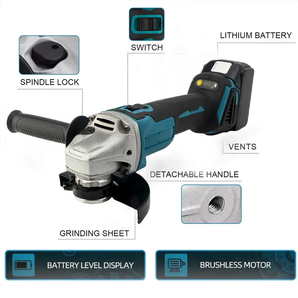 Blue and black cordless angle grinder with labels pointing to its parts and features.