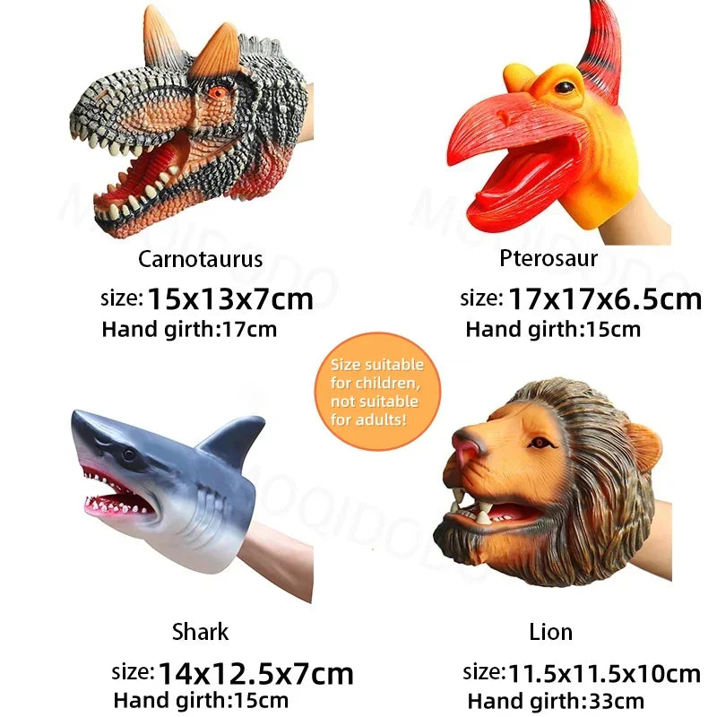 Four different animal hand puppets including Carnotaurus, Pterosaur, shark, and lion with size labels.