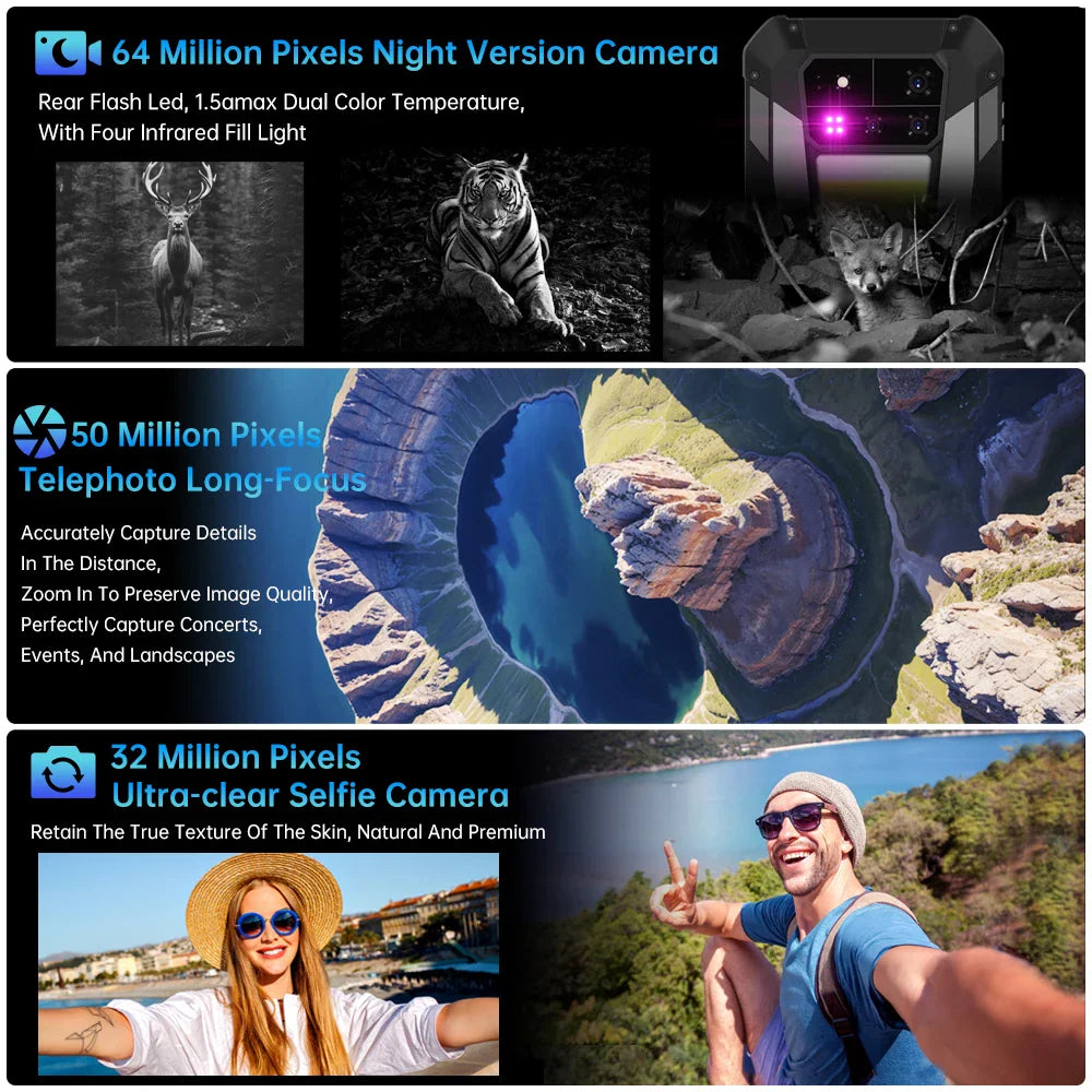 Camera system features of a rugged smartphone showcasing wildlife night vision, telephoto zoom, and selfie camera quality.