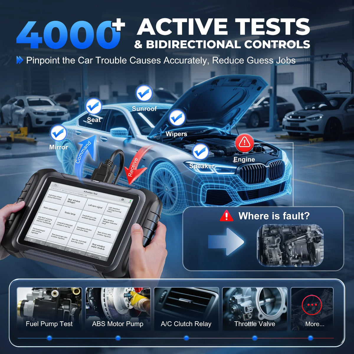 Diagnostic tablet demonstrating bidirectional control and active testing features on vehicle components.