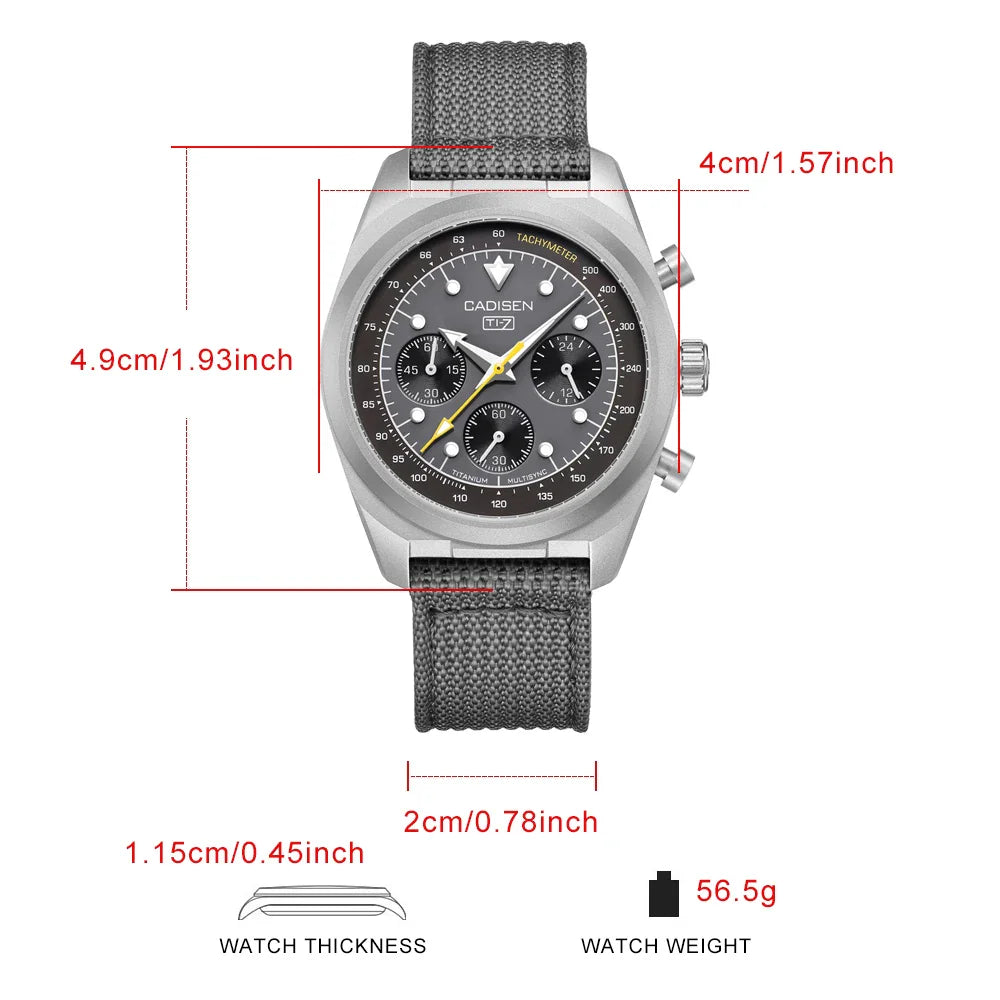 Dimension diagram of a chronograph watch showing height, width, thickness, and weight