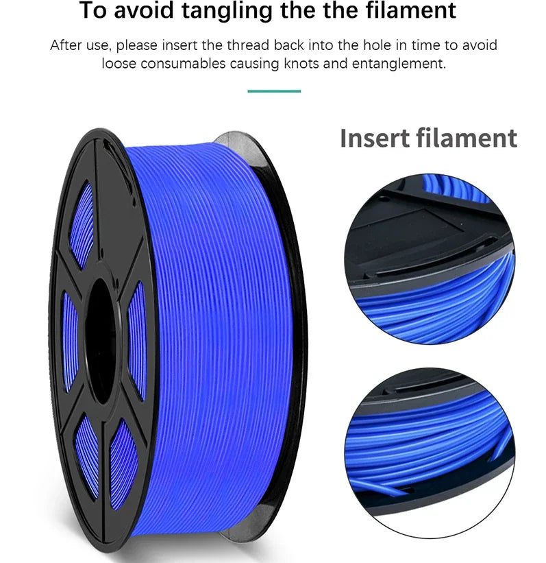Blue 3D printer filament spool showing instructions on how to secure the thread