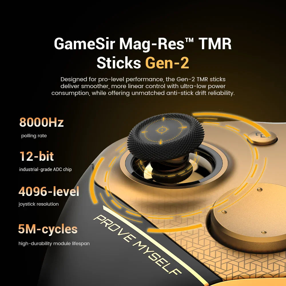Close up of black gaming controller joystick with technical performance specifications
