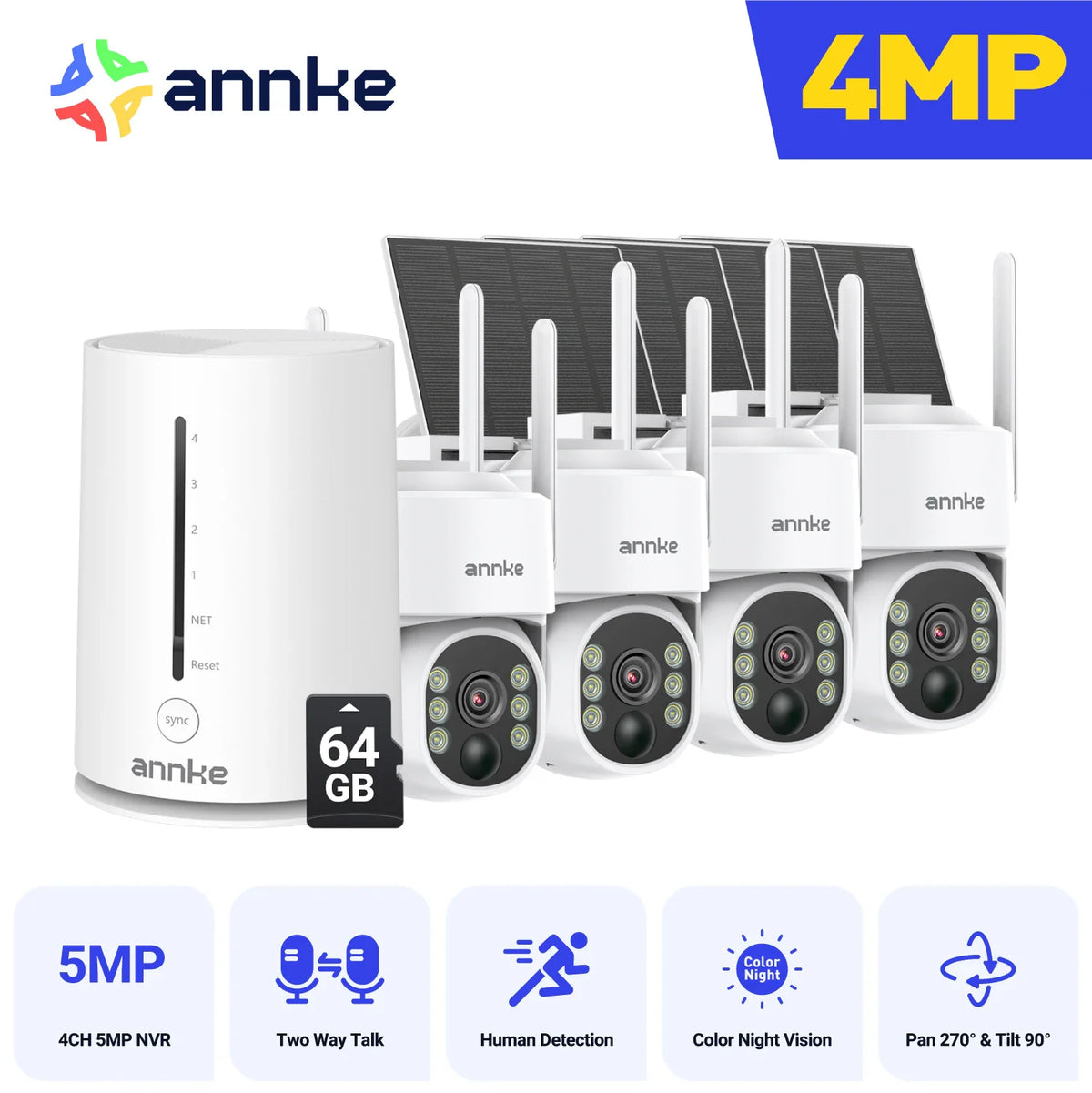 A white security camera system bundle with NVR and four solar-powered cameras
