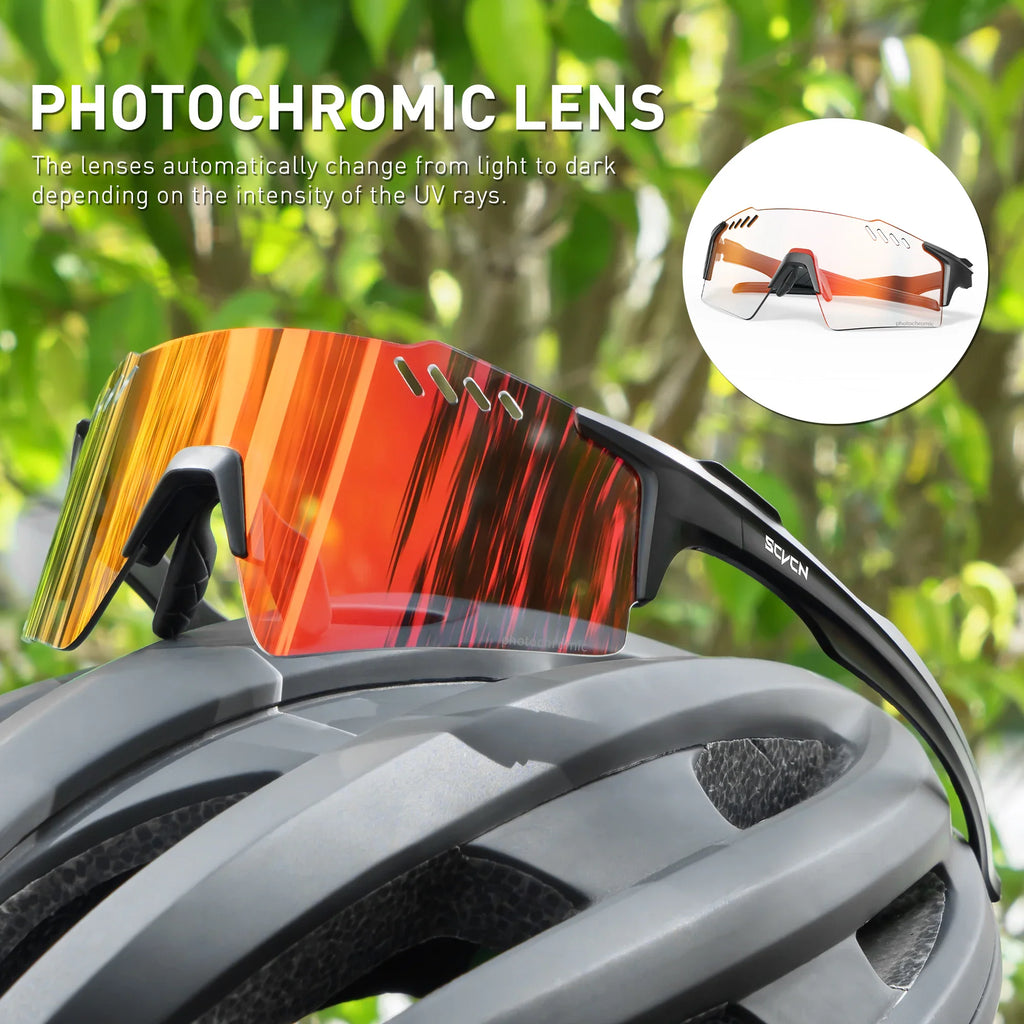 Photochromic sports sunglasses resting on a cycling helmet
