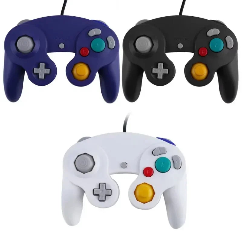 Three wired game controllers in dark blue, black, and white.
