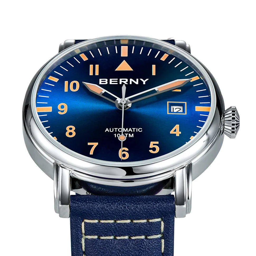 Front view of a blue dial aviation-style automatic mechanical watch with a blue leather strap