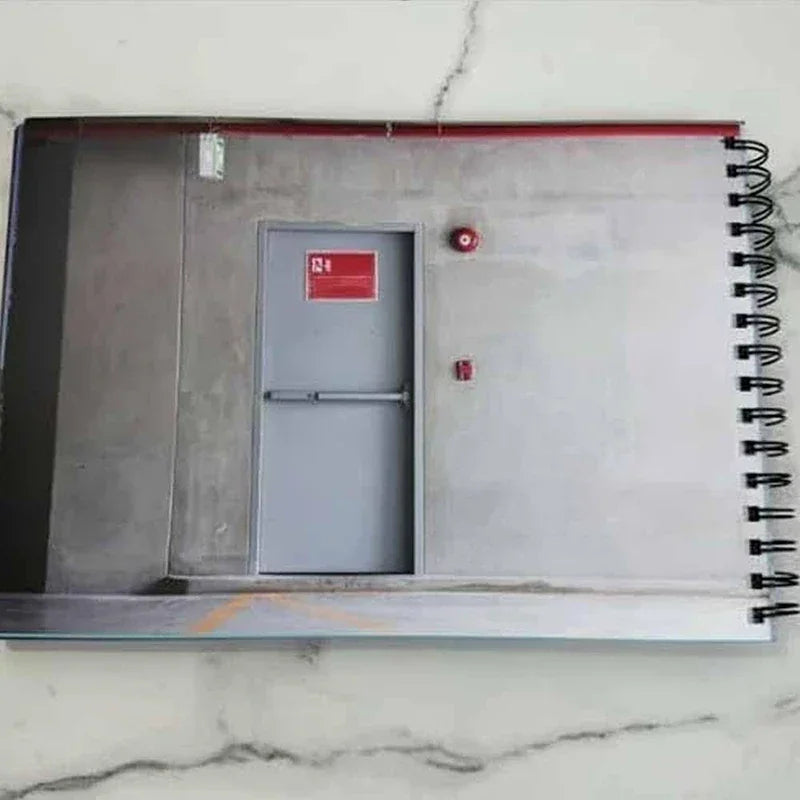 Spiral-bound sketchbook showing a grey concrete wall with a door on the page