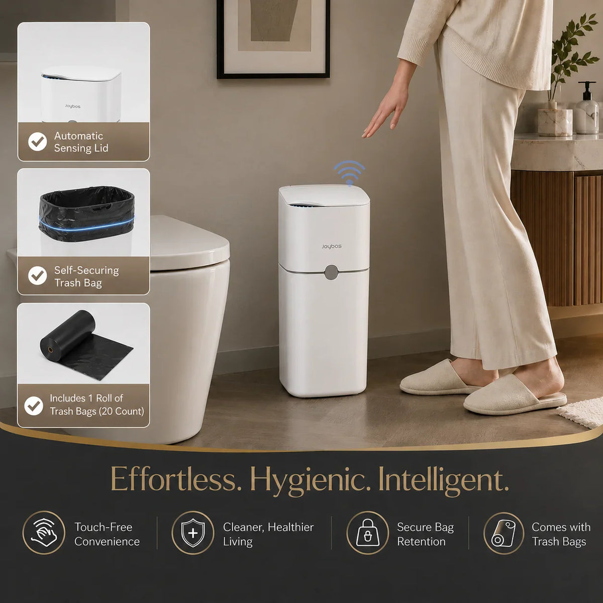 Person using a motion sensor white trash can in a bathroom with close-up features shown