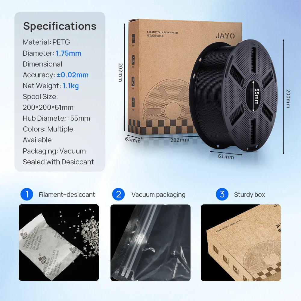 A technical specification sheet for printer filament including spool dimensions and packaging materials