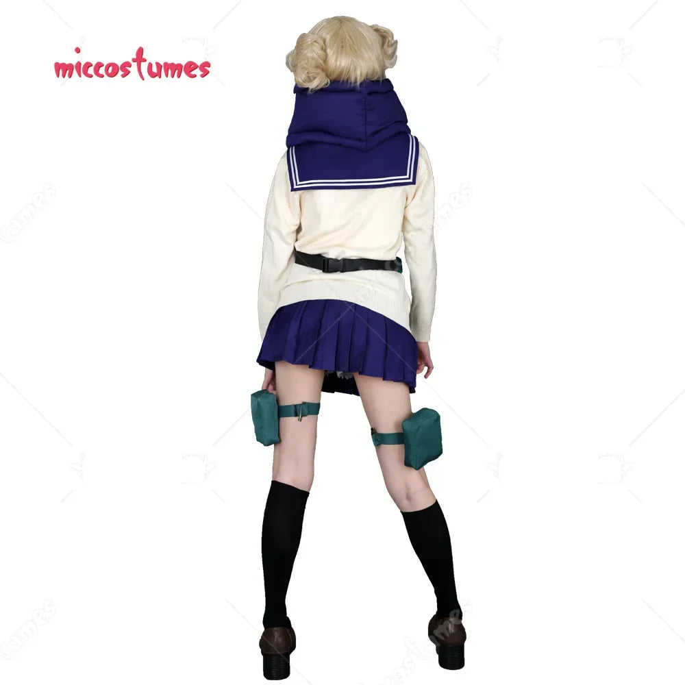 Back view of woman wearing an anime school uniform cosplay costume with a cardigan and pleated skirt