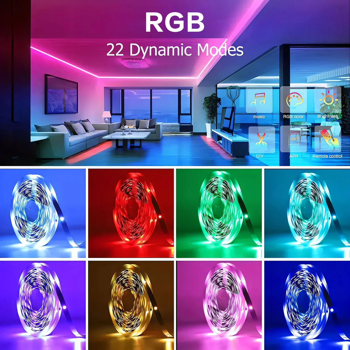 A multi-view collage showing a living room with LED lights and eight circular close-up shots of LED rolls in various colours.