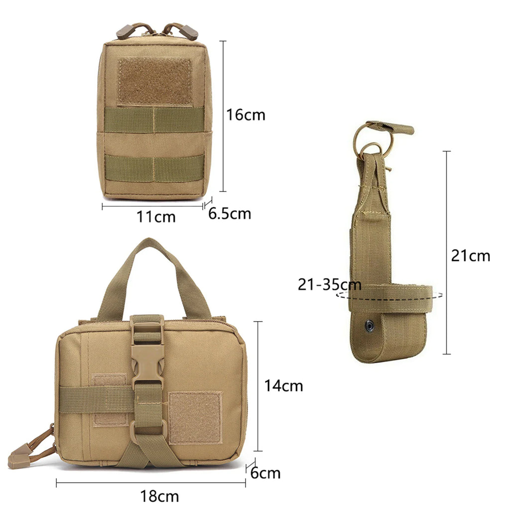 Set of tactical molle pouches for dogs with dimensions shown in centimeters