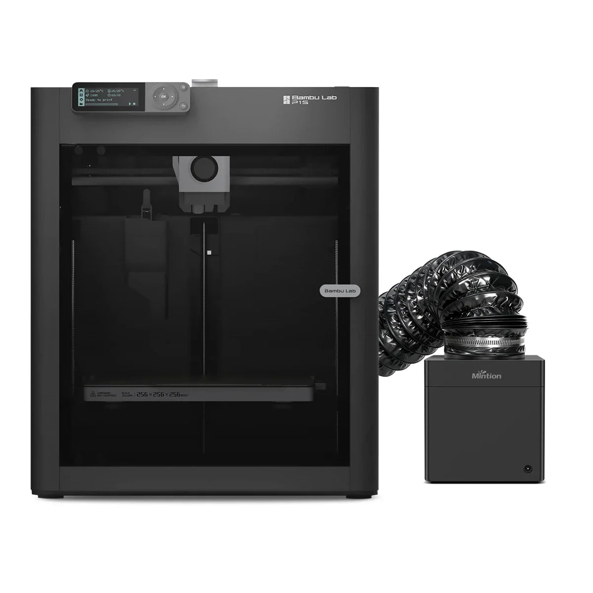 3D printer air filtration system connected to a professional 3D printer with a flexible hose