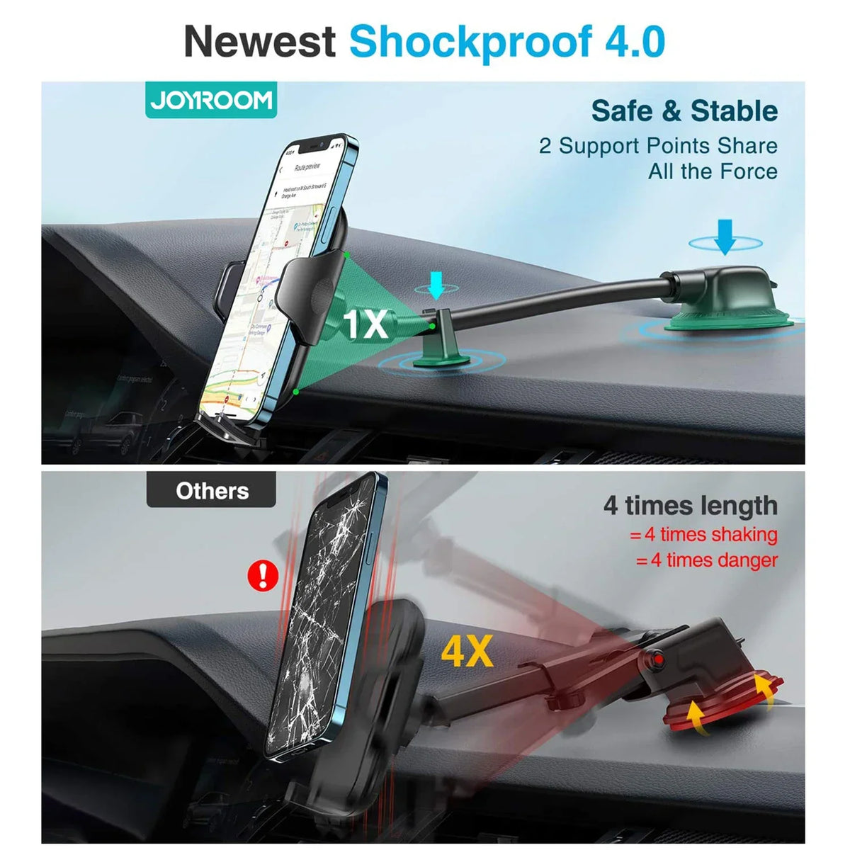 Comparison between a stable car phone mount and a wobbly, lower-quality alternative.